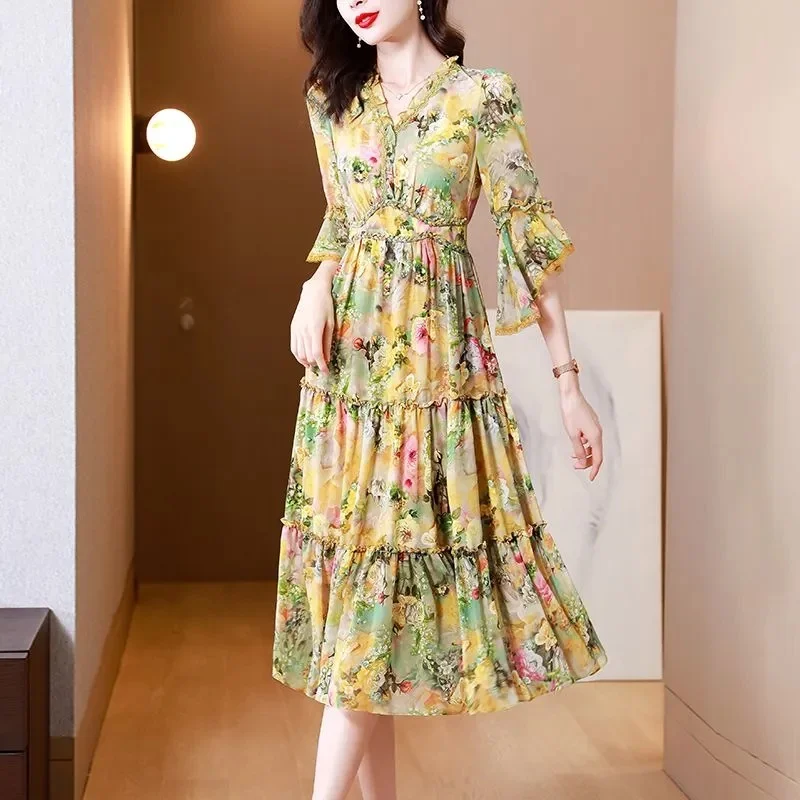 

Large Size Chiffon Printed Women's Dress 2024 Summer New V-Neck Flare Sleeves Long Flare Dress Vestidos Elegantes Para Mujeres