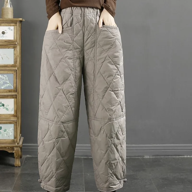 Women Winter New High Waist Elastic Casual Pants Fashion Solid Pocket Thickened Down Cotton Windproof Warm Versatile Harem Pants