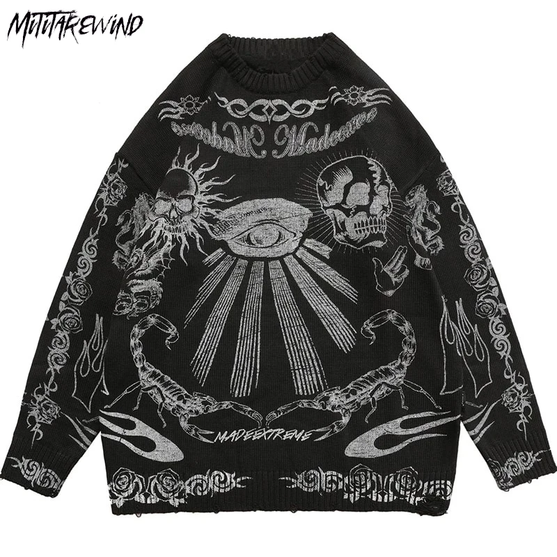 

high street Knitted Sweater Streetwear Rose Eye Scorpion Print Ripped Pullover Men Harajuku Cotton Casual loose Sweater Skull