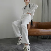 

Top Women 2022 Spring Waffle Cotton Sweatshirt Suit Oversized Sets Female Loose Sweatshirt + Long Pants Suits Sport Sets New