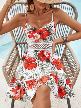 Women's Floral Print Lace Hollow Out Strapless Dress - Sleeveless Summer Boho Beach Maxi Dress 1