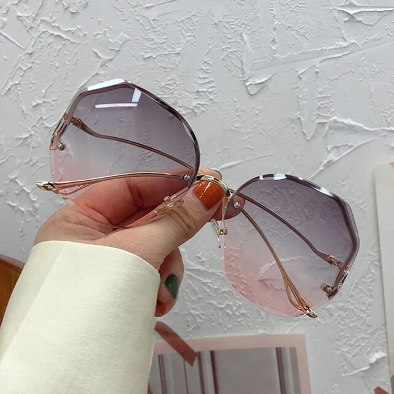 Irregular Round Sunglasses Woman Brand Designer Gradient Fashion Sun Glasses Female Rimless Metal Curved Temples Oculos_voghion.com