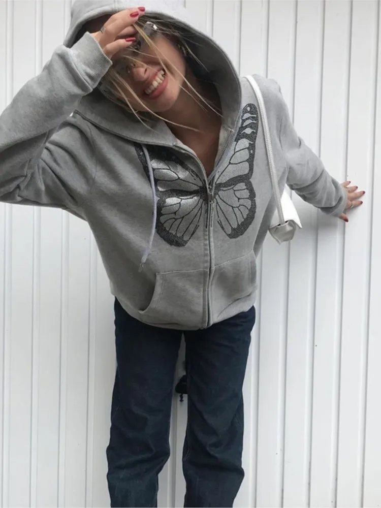 Vintage Y2K Fashion Butterfly Graphic Rhinestone Zip Up Hoodies E-girl 90s Streetwear Diamond Grey Long Jacket Autumn Hoodie New