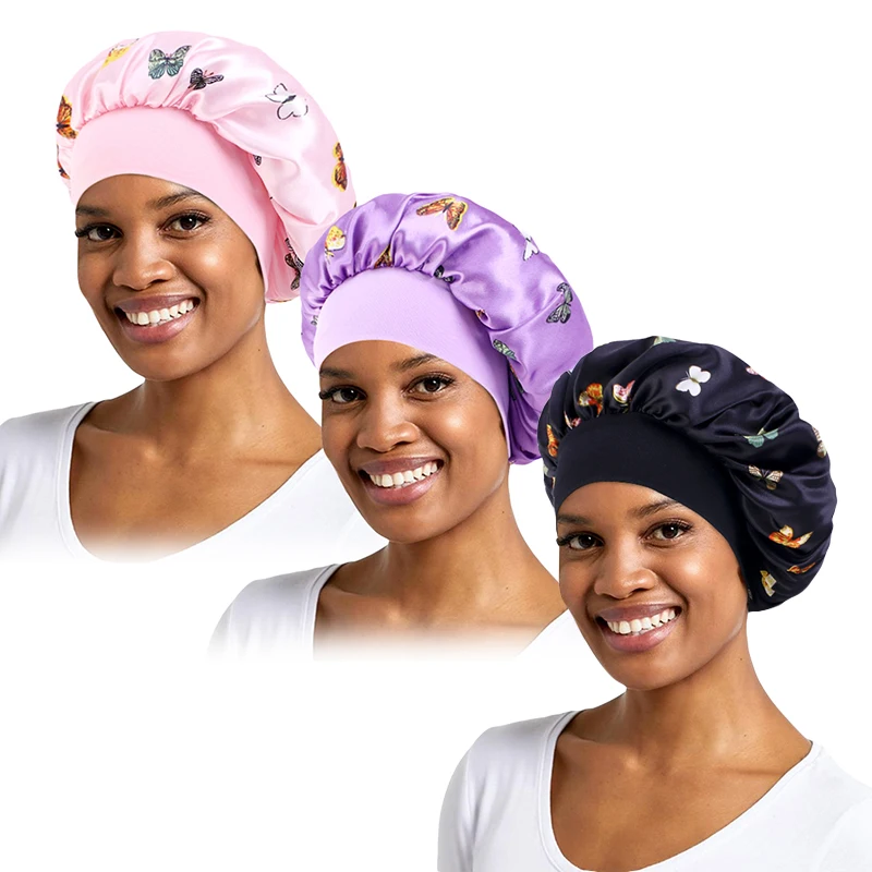 3PCS/LOT Women Satin Night Sleeping Cap Satin Silky Bonnet Sleep Cap Head Cover Wide Elastic Band Bathing Shower Hair Care Wrap 3pcs sink strainer stainless steel bathtub hair catcher stopper shower drain hole filter trap sink filter mesh kitchen tool