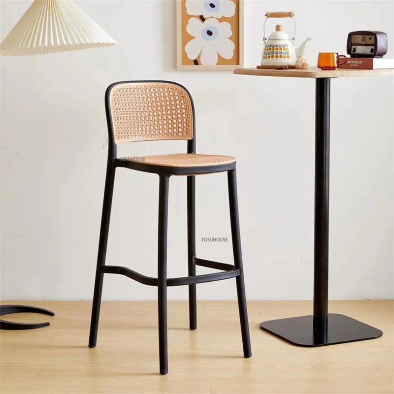 Stylish Backrest Bar Stool Plastic Faux Rattan High Home Luxury Chairs
