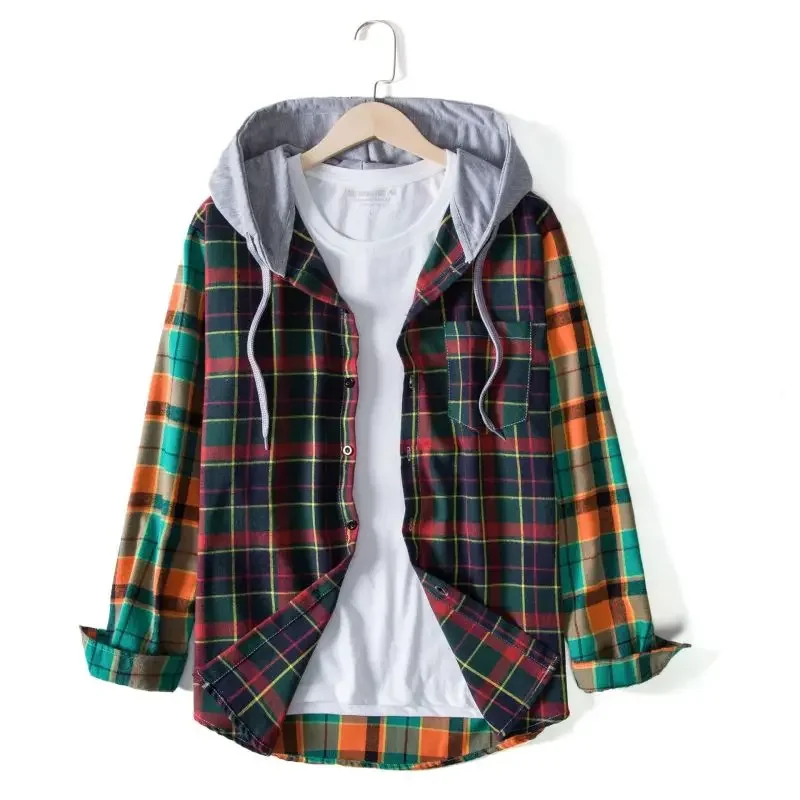 

2023 Long sleeved shirt plaid patchwork casual fashion versatile personality simple men's slim fitting long sleeved shirt