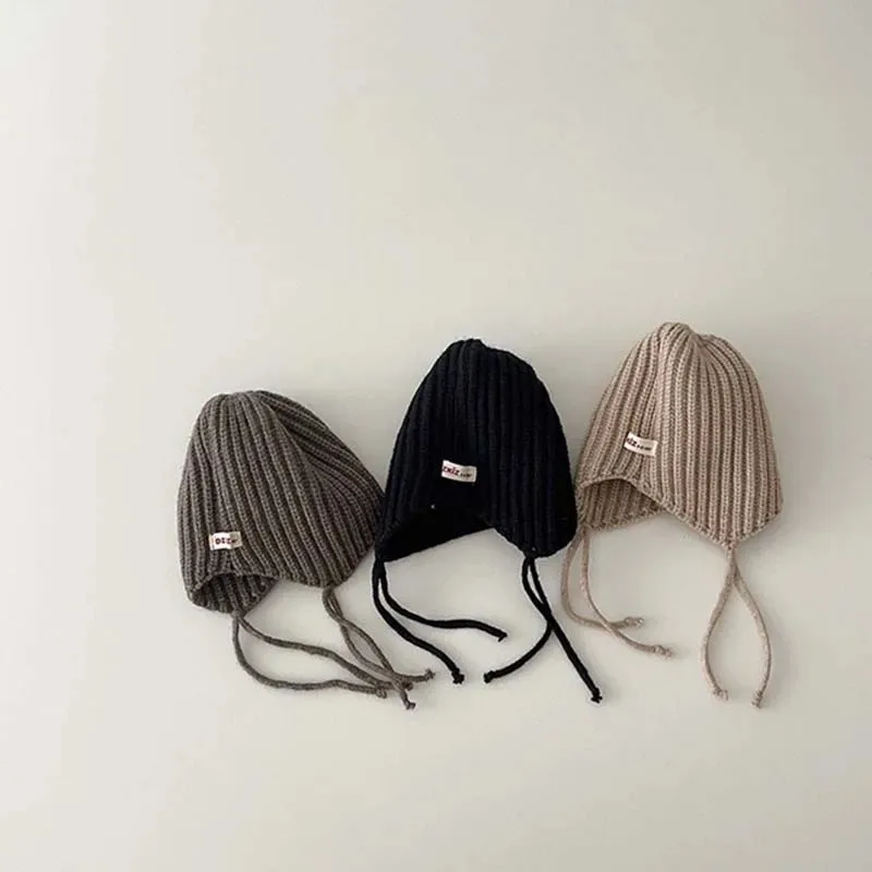 2023 Korea Kids Knitted Hat Autumn Winter Boys Girls' Solid Color Ear Protection up Pullover Knitted Wool Hat