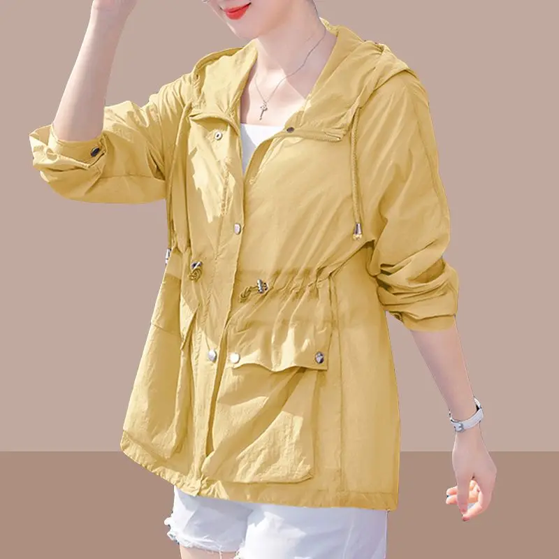 2023 Women's Clothing Pockets Solid Color Long Sleeve Simplicity Hooded Loose Zipper Fashion Casual Spring Summer Thin Blouses