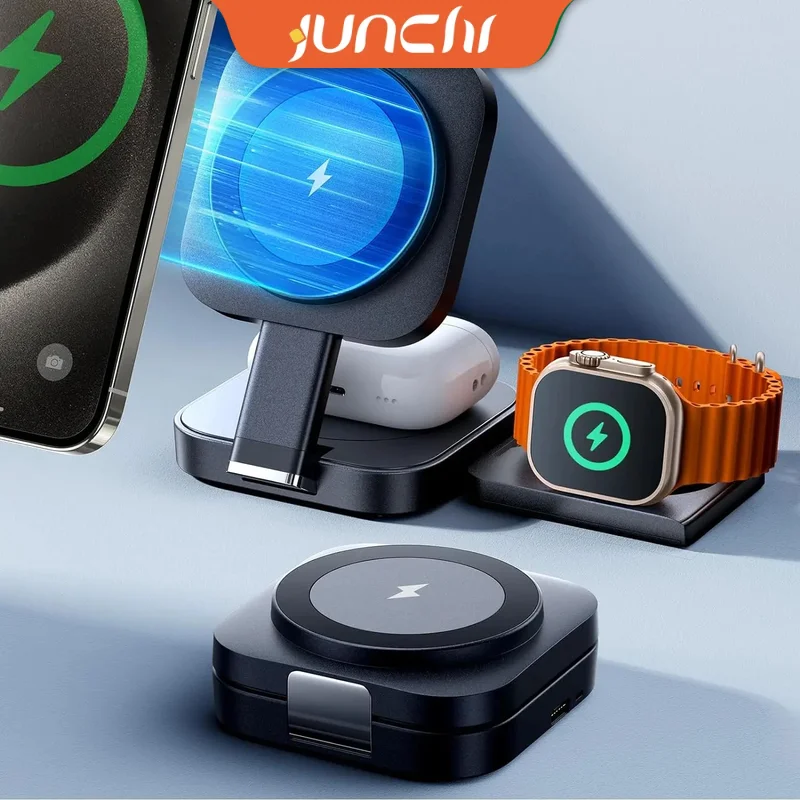 Magnetic Wireless Charger Foldable 3 in 1 Magnetic Wireless Charging Apple Charger Stand iPhone 15 Pro 14 13 12 iWatch Airpods 2 3