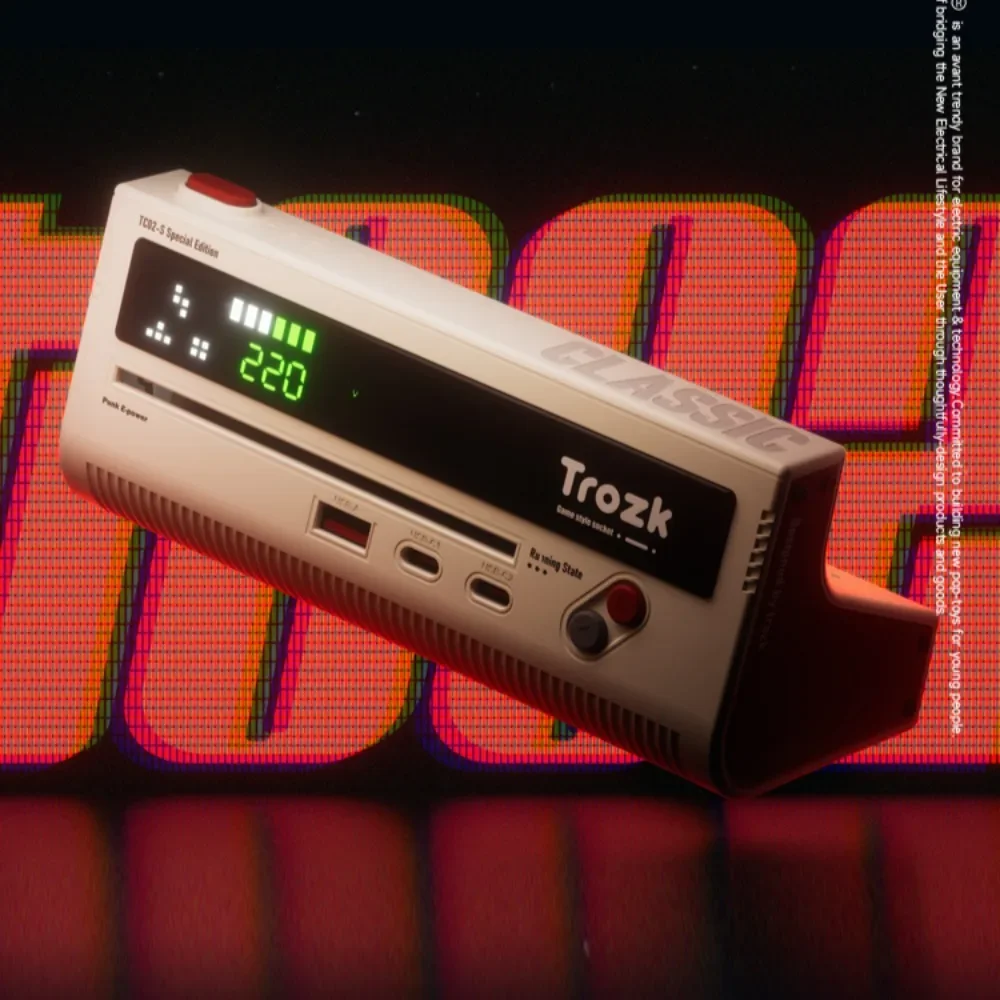 Trozk USB Power Strip Docking Station Red White Machine 45W GaN Fast Charging Extension with 3-inch Screen Display Retro Pattern