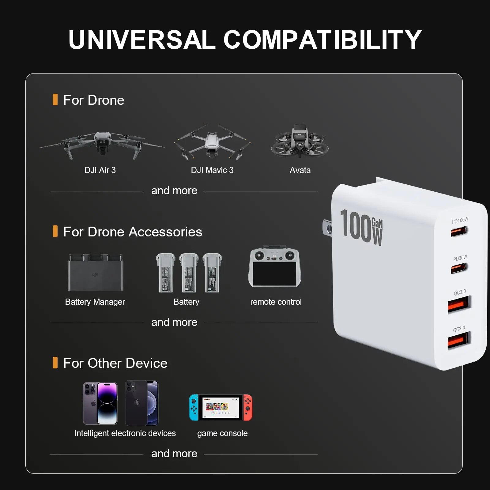 RCSTQ Drone power adapter 100W charger 4 ports QC3.0 Port Fast Charger for DJI Flip DJI NEO Air 3S Mini 4 Pro Drone Accessories