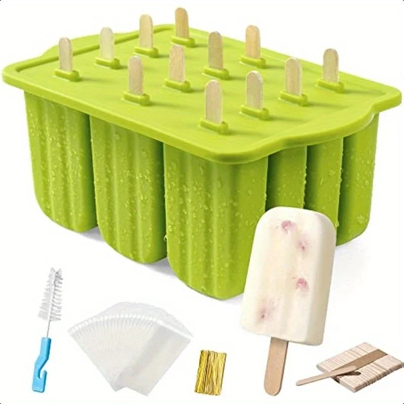 12 Cavity Food Grade Silicone Ice Cream Mold with Cover DIY Popsicle Box Lolly Mould Dessert Ice Cube Tray Maker Kitchen Gadgets