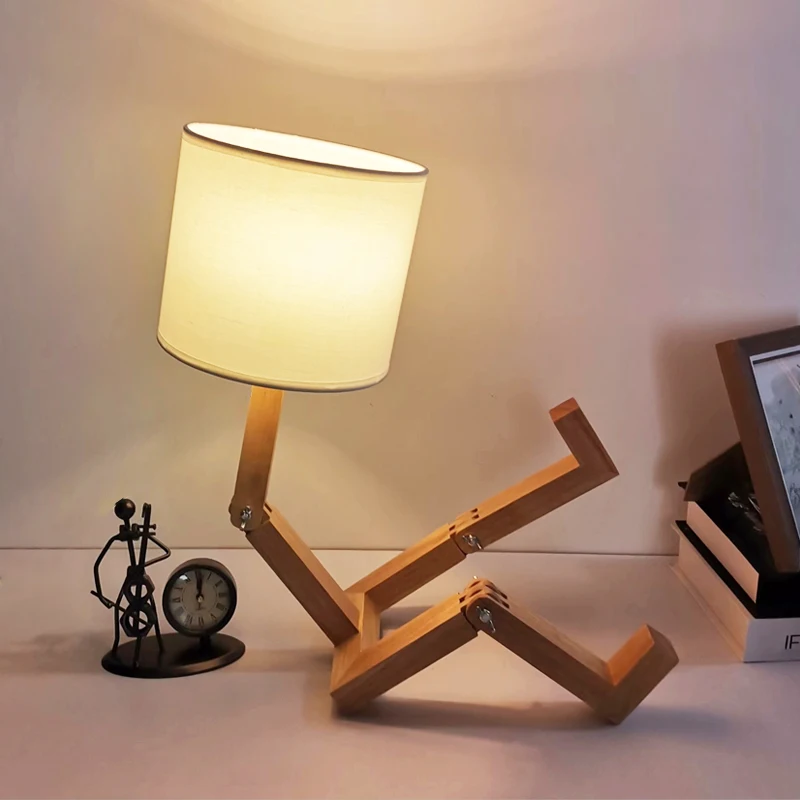 Robot Shape Wooden Table Lamp E14 Lamp Holder 110-240V Modern Cloth Art Wood Desk Table Lamp Parlor Indoor Study Night Light