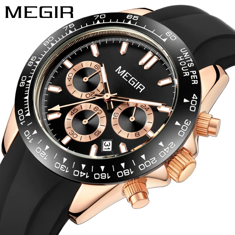 MEGIR Sports Chronograph Quartz Watch for Men Silicone Strap Waterproof Luminous Army Military Wristwatch Relogio Masculino