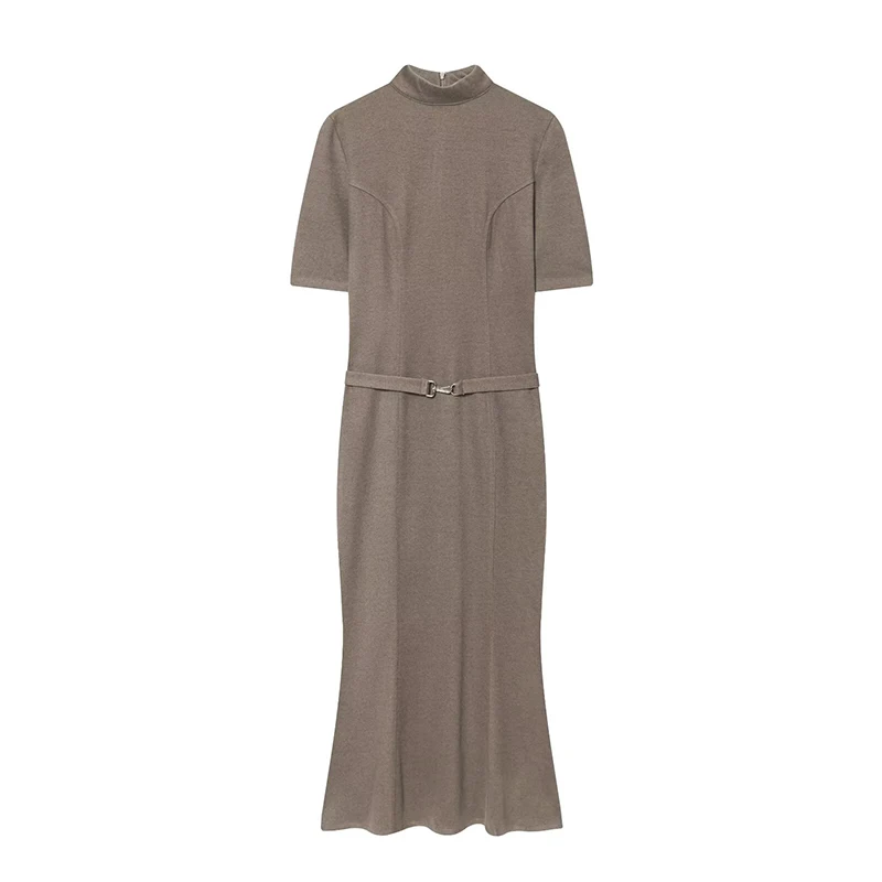 Woman Elegant Dress 2025 New Fashion With Belt Soft Women's Dresses Autumn Winter Dress Short Sleeve Stand Collar Casual Dress ﻿