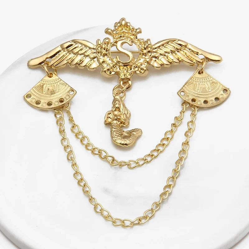 Hesiod Winter Jewelry Antique Baroque Retro Gold Color Wing Heart Chain Brooch Pin for Women