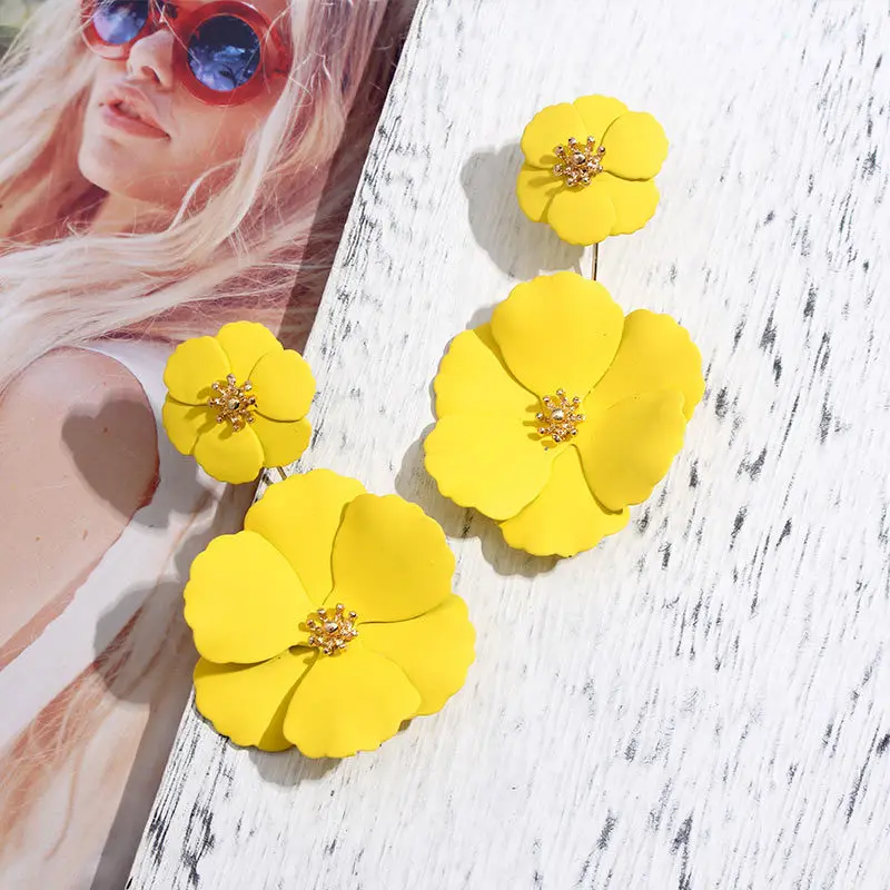 Drop Earrings Flower Earrings Golden Earrings Korean Cute Flower Drop Earrings For Women Fashion Double Layer Gold Metal Floral Statement Earrings Female Jewelry Gifts