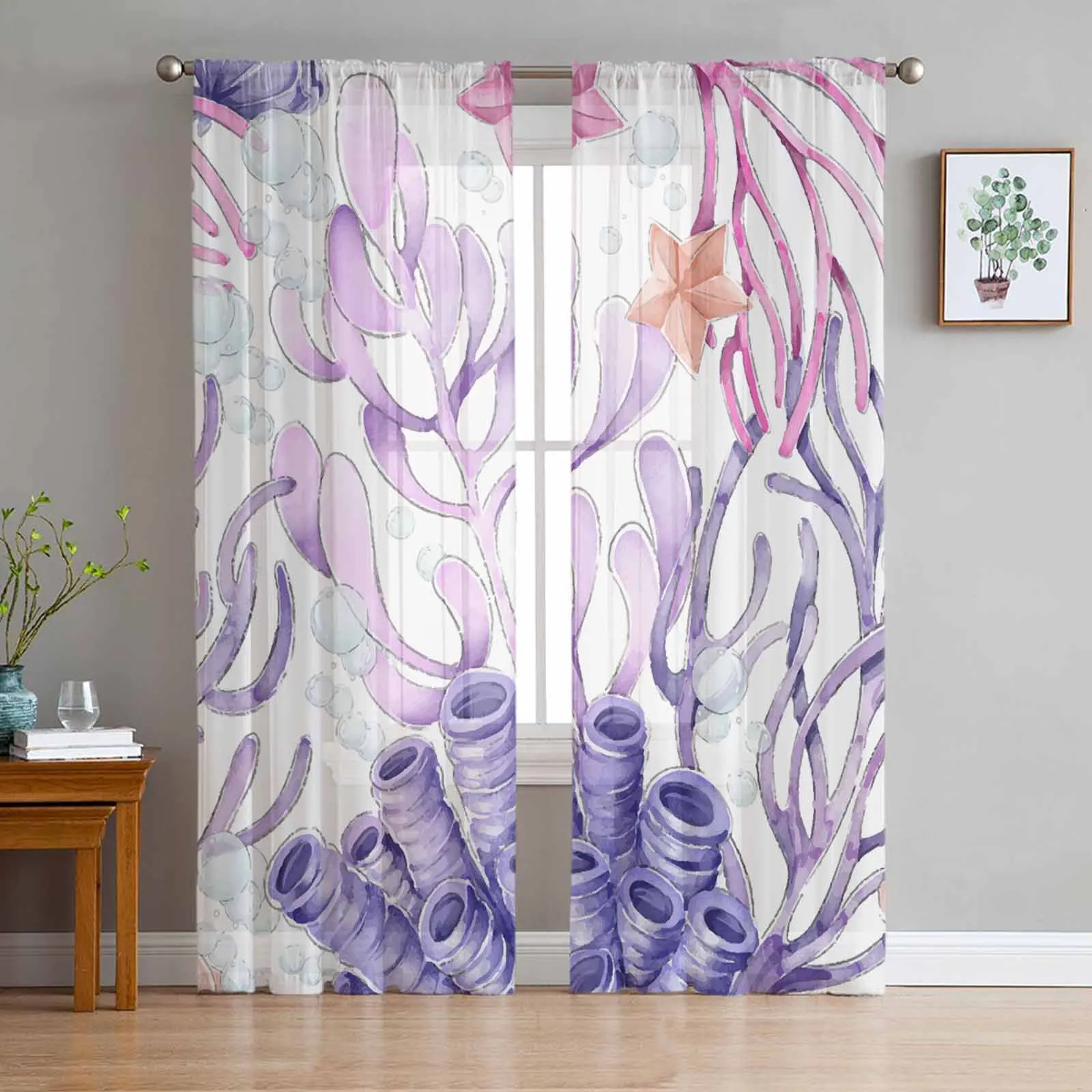

Ocean Coral Starfish Watercolor Summer Conch Tulle Voile Curtains for Bedroom Living Room Window Curtain Sheer Organza Drapes