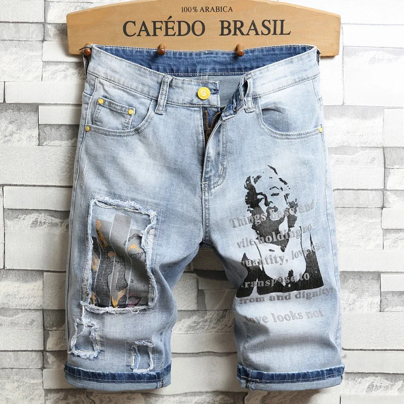 Men's Embroidered Denim Shorts Summer Thin Section Ripped Five-point Pants Stretch Trend Fashion Men's Clothing Denim Short