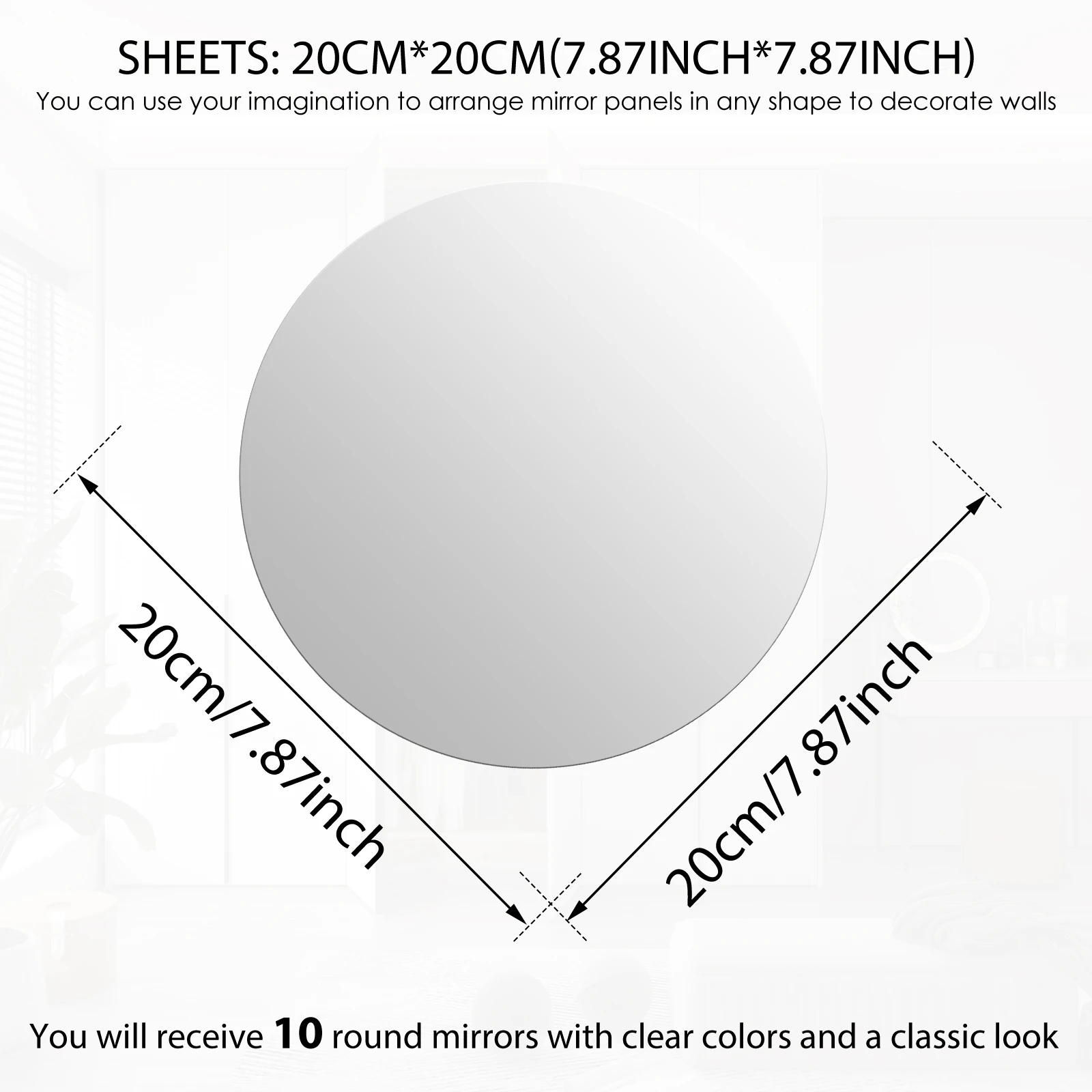 10Pcs Round Mirror for Home Bathroom Living Room Decor 7.87Inch Acrylic Self Adhesive Mirror Circle Plate Mirror Tray