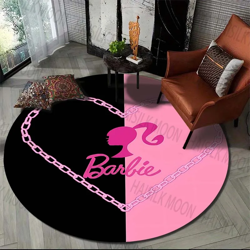 Barbie Cartoon HD Printed Round Carpet for Living Room Circle Pink Rugs Camping Picnic Mats Flannel Anti-Slip Rug Yoga Mat Gifts