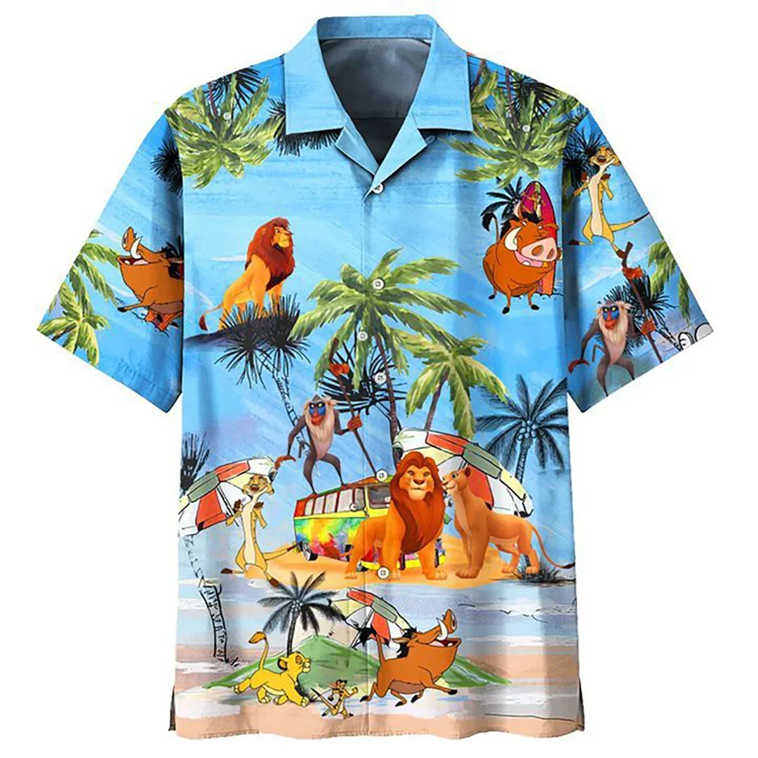 

2024 Disney The Lion King Simba Hawaiian Shirt Men Summer Short Sleeve Button Up Shirt Casual Beach Shirts Disney Hawaiian Shirt