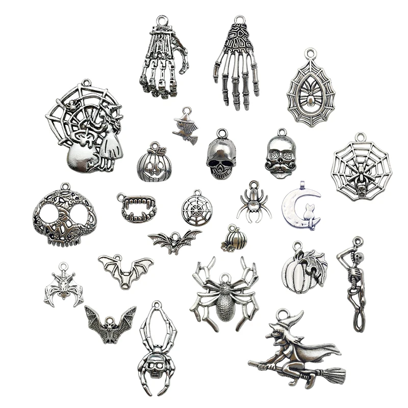 

Mix 80pcs Zinc Alloy Silver Halloween Charms Skeleton Pendant for DIY Handmade Bracelets Jewelry Making Craft Accessories