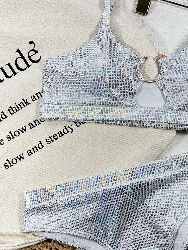 New Shiny Sequins High Waist Bikini Female Swimsuit Women Swimwear Two-pieces Bikini set Padded Bather Bathing Suit Swim Lady
