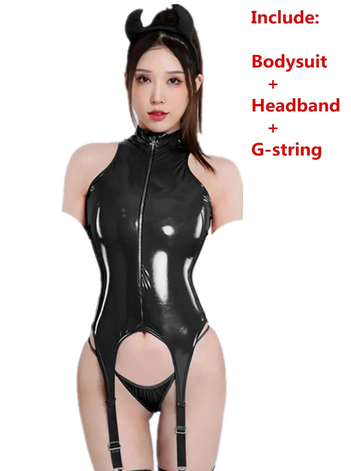 Womens Sexy Erotic Latex Leather Bodysuit Cupless Crotchless Teddy Leather Lingerie Latex Catsuit Fetish Teddies Costume