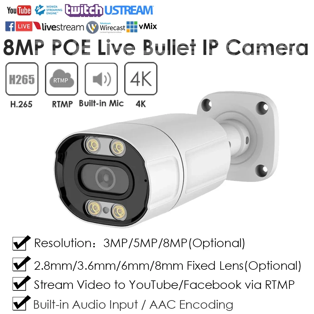 4K 8MP IMX415 POE RTMP IP Camera Full Color IR Dual Light for Live Streaming Push Video To YouTube Facebook Onvif Indoor Outdoor luxvisage тушь perfect color push up effect