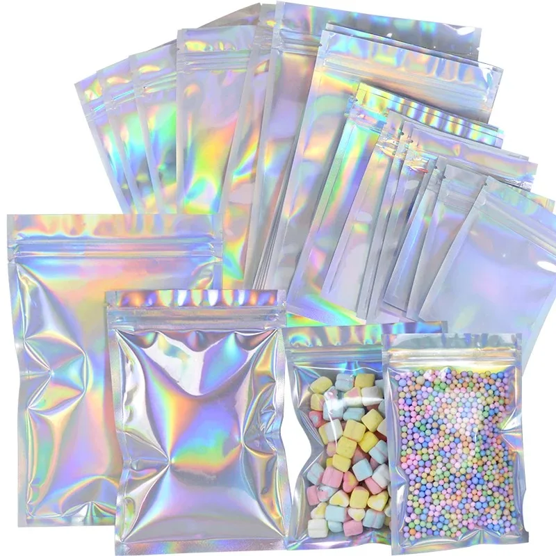 200PCS Laser Ziplock Bag Necklace Earrings Jewelry Gift Packing Bags Cell Phone Cases Colorful Packing Bags Kitchen Organizer