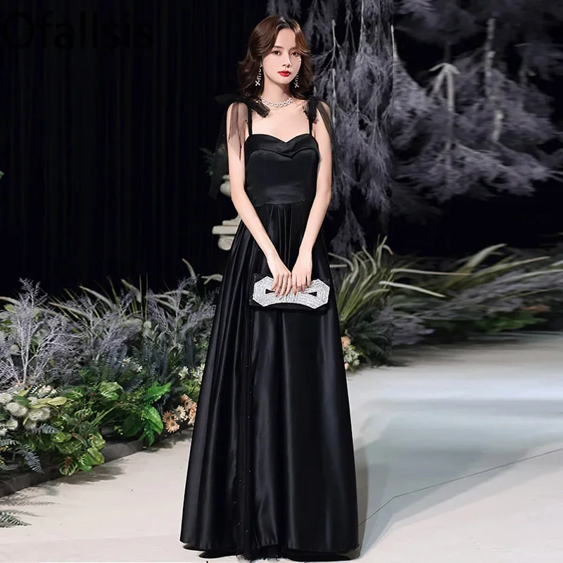 

Ofallsis Black Evening Gown Banquet Light Luxury Celebrity Temperament Sling Long Satin Light Wedding Spaghetti Strap Dresses