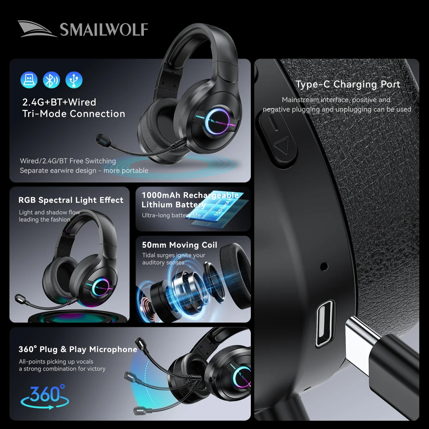 Smailwolf 3가지 모드 무선 헤드셋 오버이어 헤드폰(분리형 마이크 포함) PC 노트북 데스크탑 컴퓨터 게임용 RGB 조명