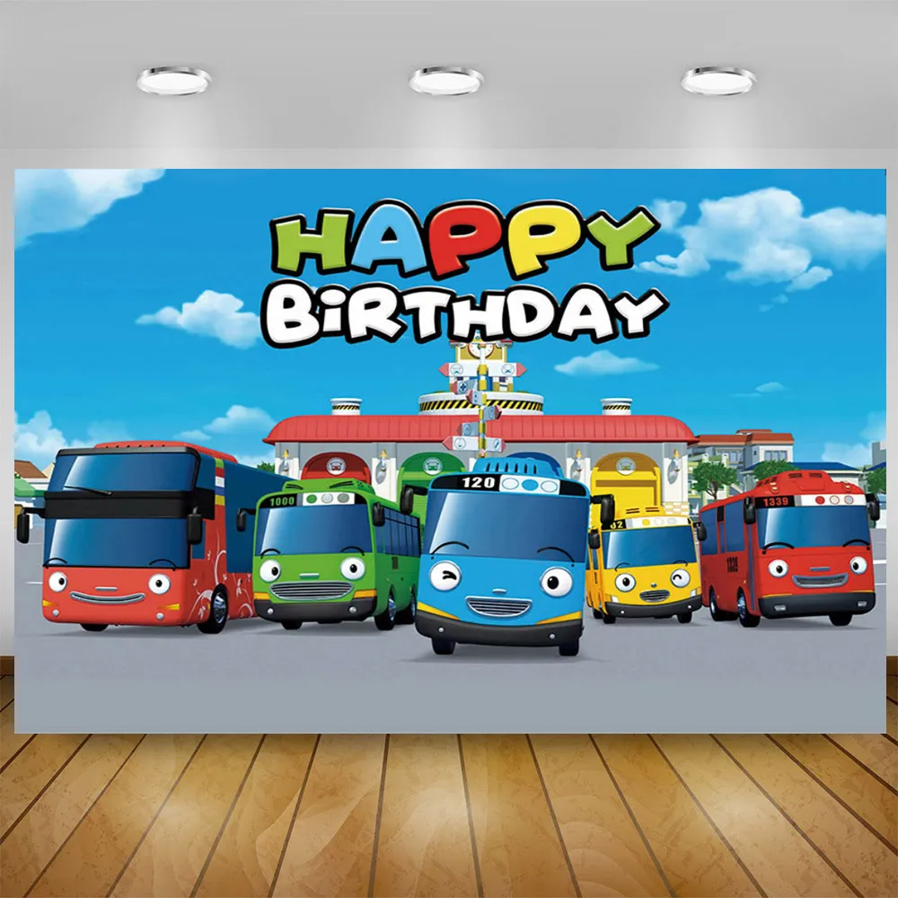Cartoon The Tayoes Little Bus Theme Kid Birthday Party Boys Newborn Kid 1st Background Toy Bus Station Banner Photo Studio Props party supplies,birthday backdrop,party decoration,party backdrop curtain,photography props,photo booth props