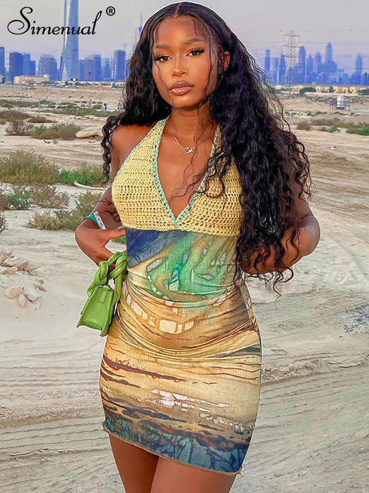 

Simenual Knit Patchwork Dress for Women Vintage Print Halter Sexy V-neck Backless Bandage Mini Dresses Summer Beachwear Outfits