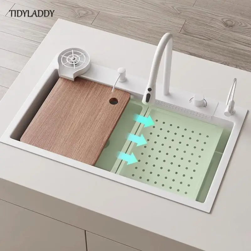 White Stainless Steel Waterfall Kitchen Sink Multifuctional Faucets Simple Style Large Single Slot Kitchen Novel Accessories 6
