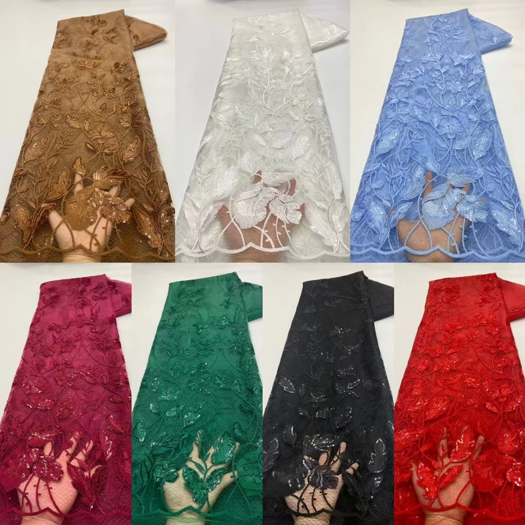 

High Quality Embroidery Nigerian Lace Fabric Top Selling Sequins Lace Fabrics African French Tulle Lace Fabric Women Sexy Dress