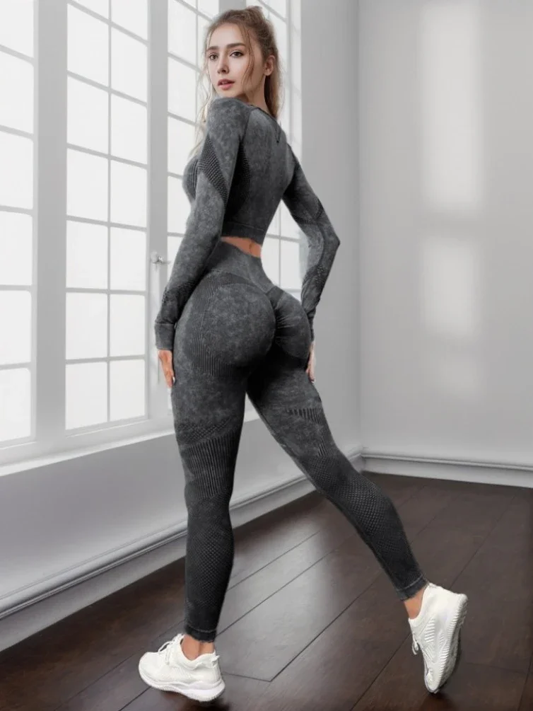 VEQKING Seamless Gym Set Women Long Sleeve Yoga Shirt Hip Lifting Sports Leggings Suit Elastic Running Fitness Workout Set