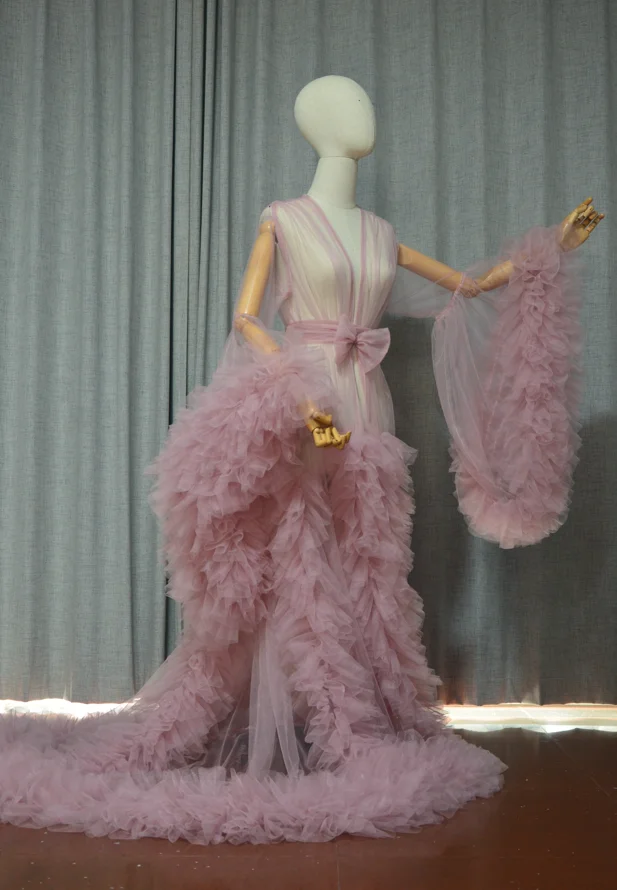 Sweet Girl Vintage Tulle Robe Perspective Sheer Tulle See Through Long Pink Dressing Gowns Fluffy Maternity Dress Photoshoot 3