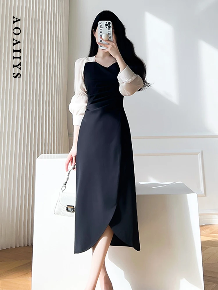 

Dresses for Women Dress 2023 Autumn Winter Office Lady Slim Chic Spliced A-Line V-Neck High Waisted Dresses Mid-Calf Clothing