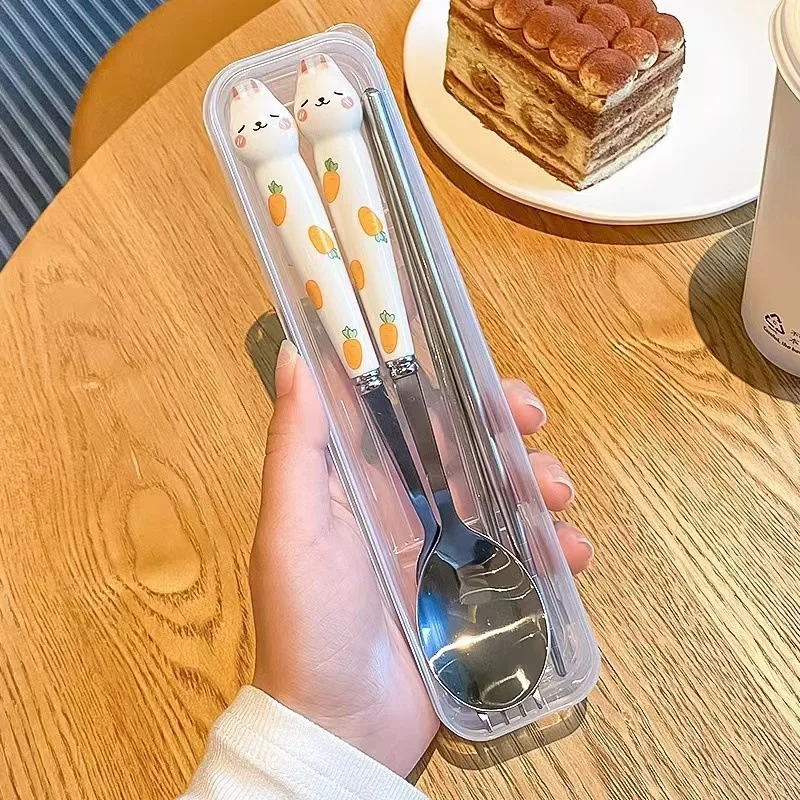 Tableware Set Spoon Fork Chopstick Cute Rabbit Student Portable Dinnerware Camping Travel Cutlery Sets with Box