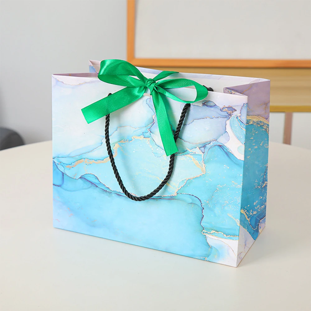 10pcs Sky Blue Marble Tote Bag Clothing Store Gift Bag Beauty Shop Cosmetic Shopping Bag With Gold Silver Ribbon Can Custom Logo