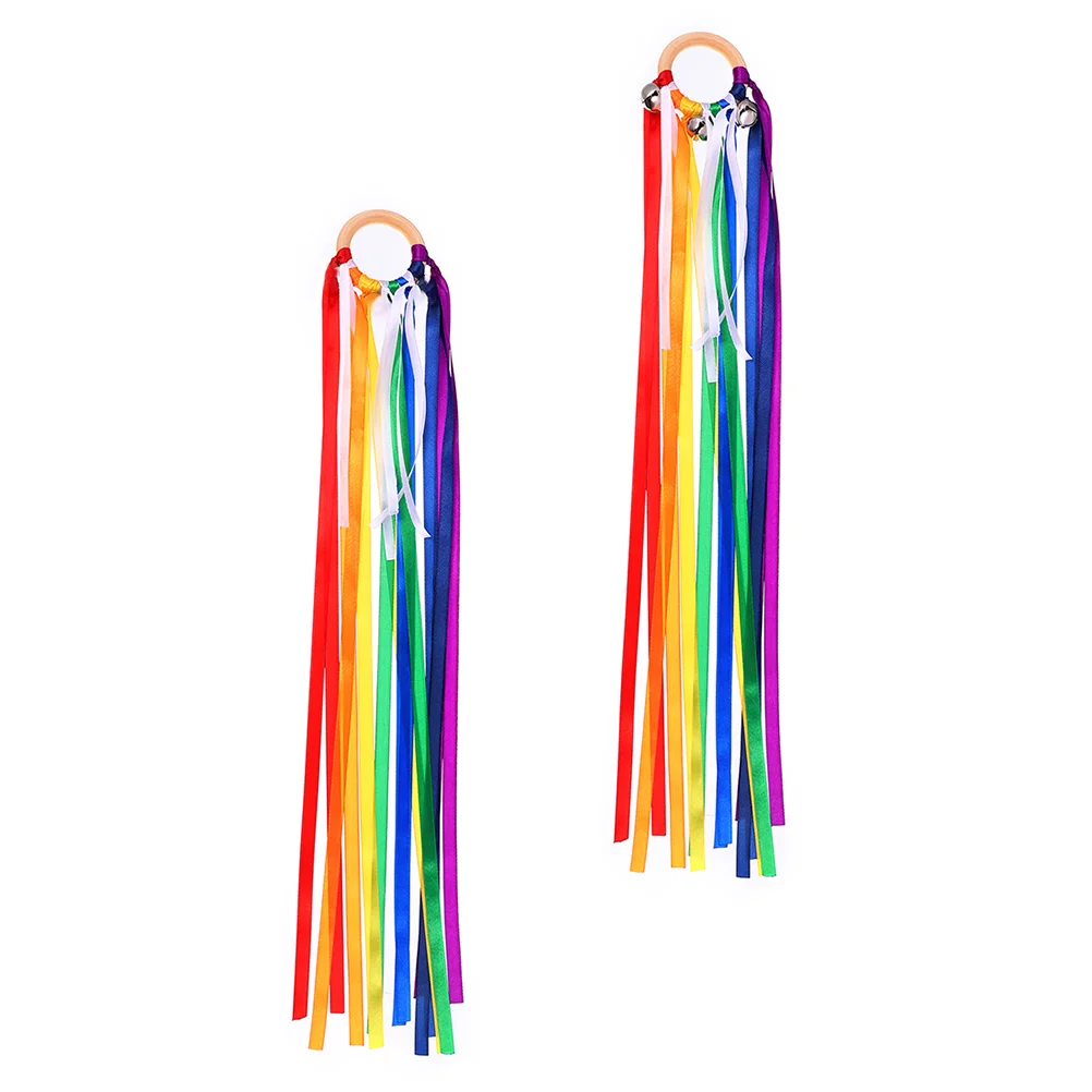 

Rainbow Ribbons Performance Dancing Gymnastics Ribbon Ballet Streamer Wooden Ring Waldorf Toys With Bells For Children