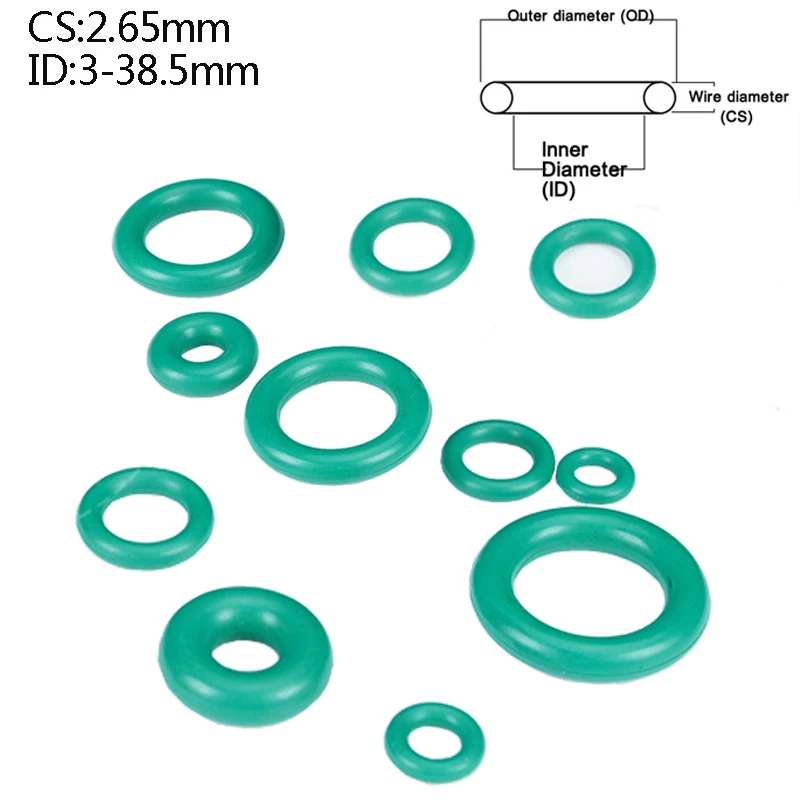 

20/50/100 шт., уплотнительное кольцо из фторкаучука, CS 2,65 мм, зеленое уплотнительное кольцо FKM, уплотнительная прокладка ID 3/4/5/8.75/14.5/21.89/32.5 мм