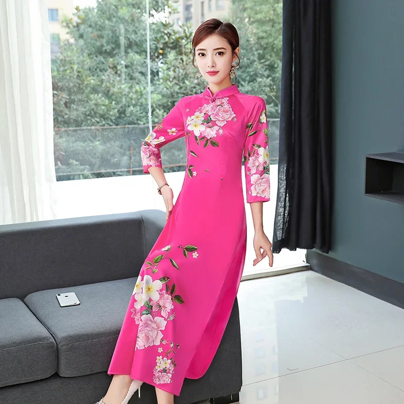 

Традиционное китайское Ретро банкетное Платье с принтом аозай, Восточное элегантное приталенное платье Qipao, женский современный китайский костюм в национальном стиле