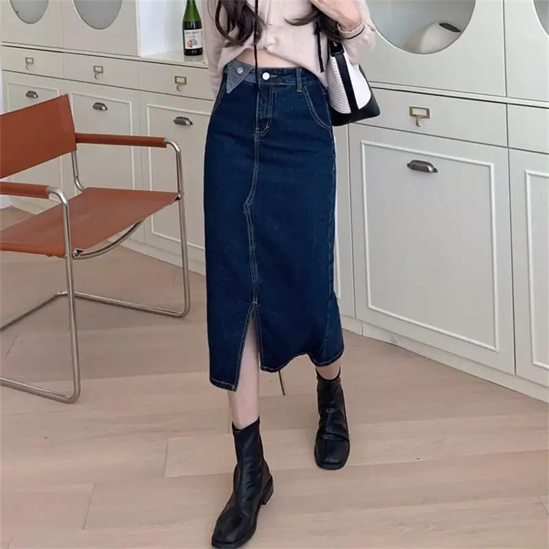 

Women's Patchwork High Waist Split Skirt Straight Denim Skirt Fashion Ladies Blue Mid-length Skirt