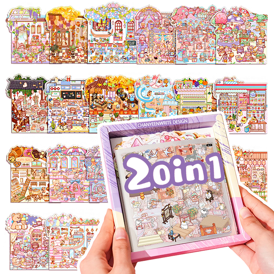 NEW! 20in1 2D Landscape Sticker Album Cartoon Scene DIY Toy Game Festival Birthday Present Gift Box for Kid Girl Child