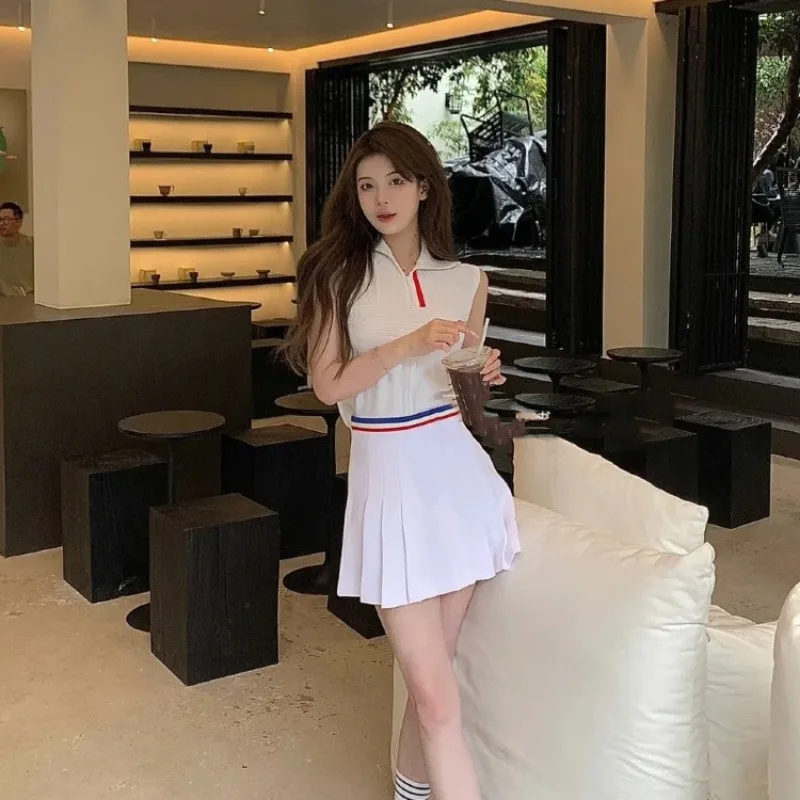 

Korean Foot Joy Original Single Golf Women's 2023 New Solid Color Casual Sports Versatile Elastic Waist Knitted Pleated Skirt