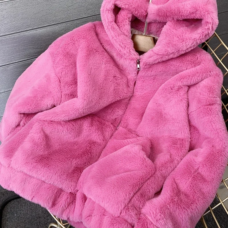 2023 Autumn Winter Women's Sweatshirt Jacket Loose Hooded Plush Fashion Thick Warm Faux Fur Imitate Rabbit Furry Mid-Length Coat