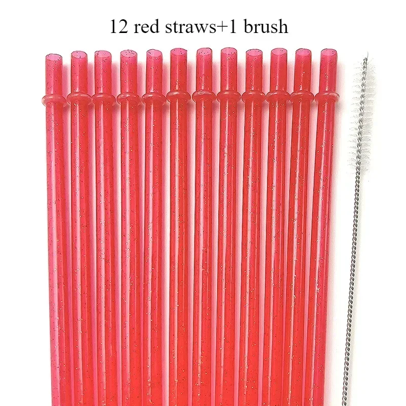 12-Piece Reusable Glitter Plastic Straw Set with Cleaning Brush